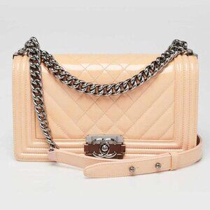 Chanel Beige Quilted Patent Leather Medium Boy Bag